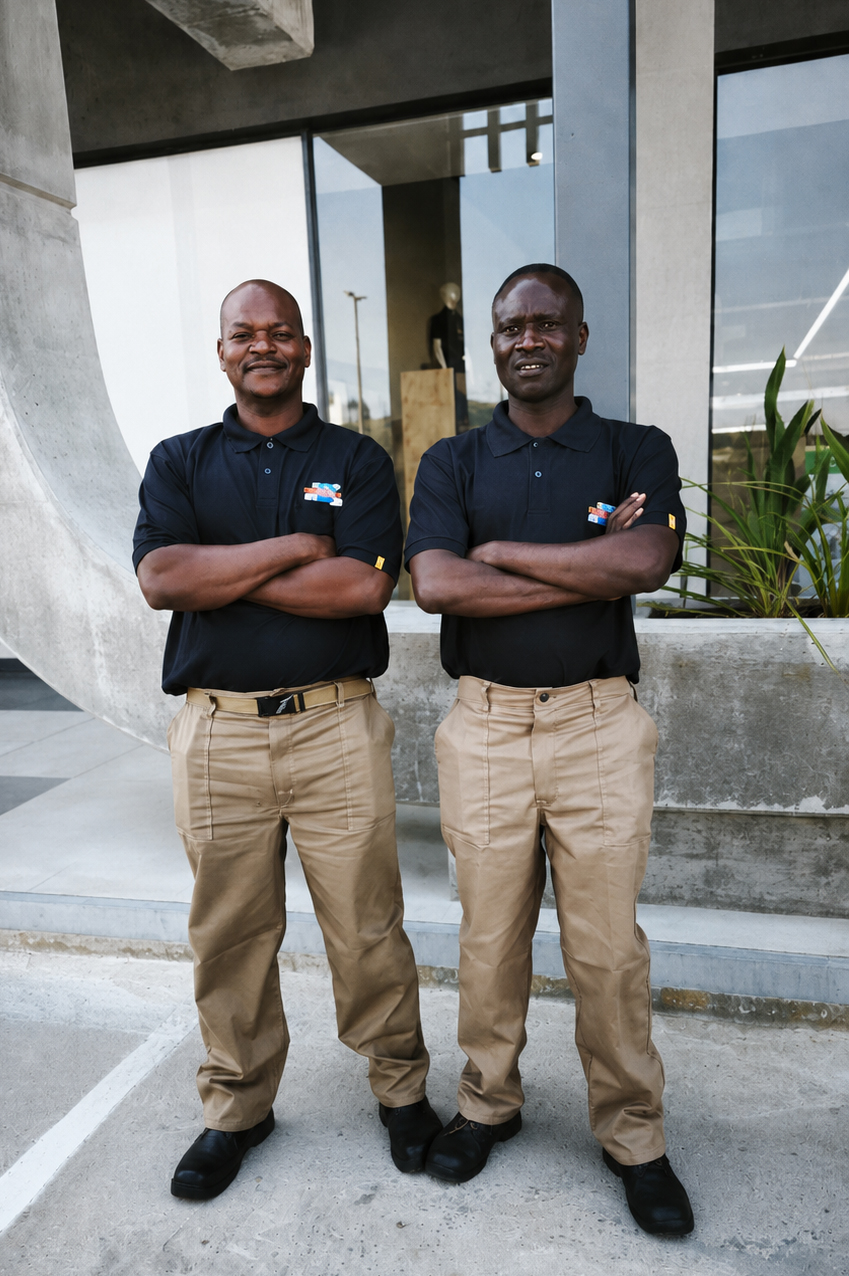 Two men standing with arms crossed, wearing black polo shirts with a small logo and tan work pants.